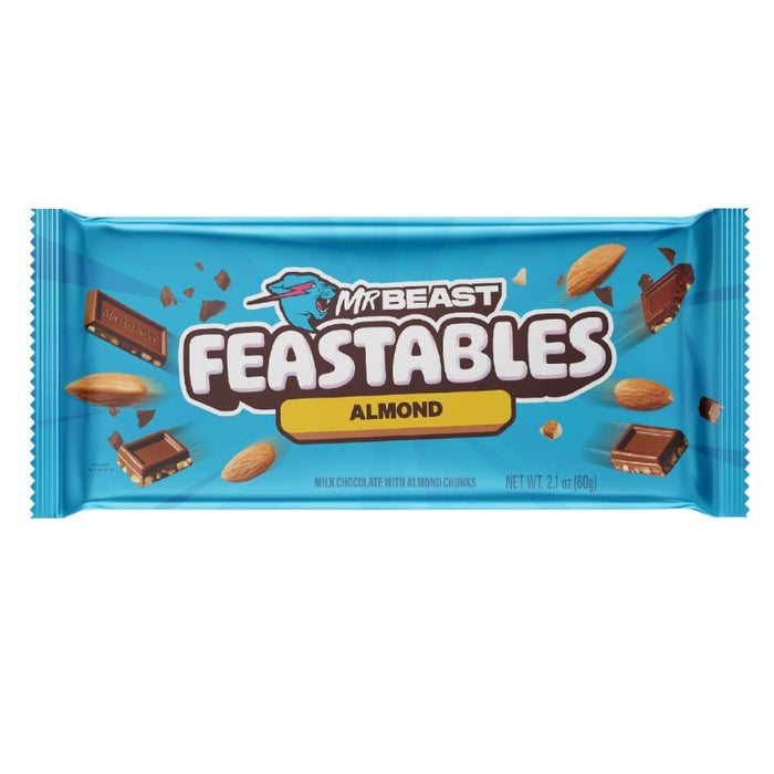 CARAMELOS MR BEAST 10 x 60 GR FEASTABLES ALMENDRA CHOCOLATE PAQUETE AZUL