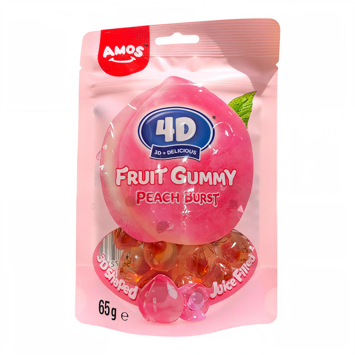 Amos 4D Juicy Burst Pfirsich-Fruchtgummi 65 g