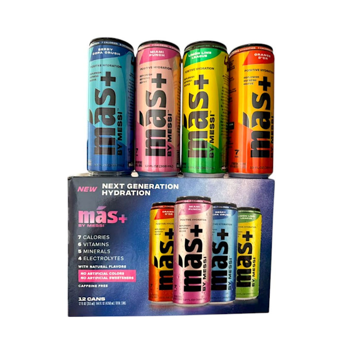 BEBIDA MAS+ 355 ML SURTIDOS POR LATA MESSI (ORANGE D'OR, MIAMI PUNCH, BERRY COPA CRUSH, LEMON LIME LEAGUE)