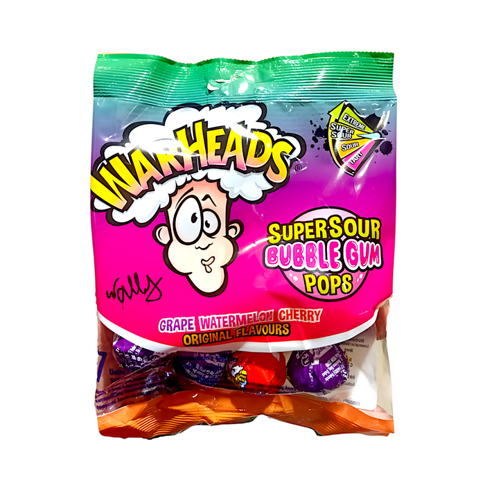 CANDY WARHEADS 7 x 15 GR SUPERSOUR BUBBLE GUM POPS GRAPE, WATERMELON & CHERRY