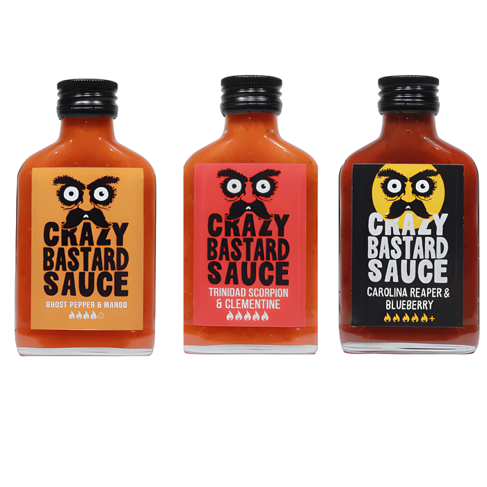 SALPIC CRAZY BASTARD 3 x 100 ML HOTTEST (GHOST PEPPER & MANGO, TRINIDAD SCORPION & CLEMENTINE, CAROLINA REAPER & BLUEBERRY)